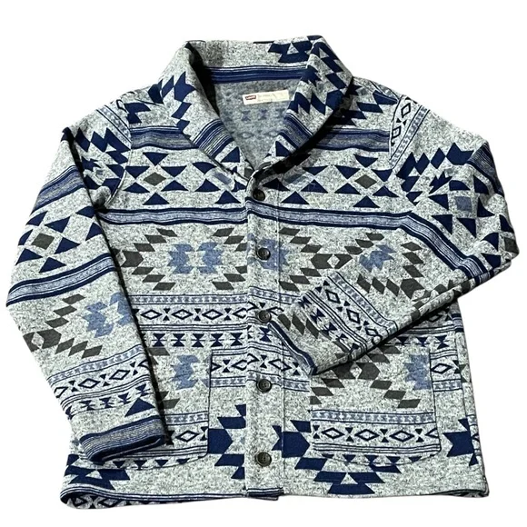 Levi's Fleece Cardigan Shawl Neck Southwest Aztec Geometric Jacket M Grey Blue - Picture 5 of 10